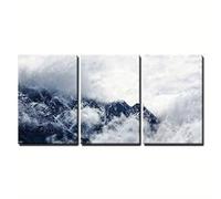 IXEHOH Tableau Montagne 3 Pièces Sommets Enneigés dans le Brouillard Décoration Murale Salon Paysage Nature Œuvre d'Art pour les Murs Bleu Marine et Blanc Affiche et Gravures Modernes 40x60cmx3