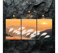 IXEHOH Tableau Paysage Montagne Coucher de Soleil 3 Pièces, Herbe de la Pampa Orange Décoration Murale, Moderne Peintures Décoration Murale Salon, Tableau Paysage 50x75cmx3