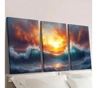 IXEHOH Tableau Toile Coucher de Soleil Océan 3 Pièces Paysage Marin Décoration Murale Salon Vagues Bleues et Oranges Tableaux Modernes Art Mural Côtier Artwork For Walls Toile 20x30cmx3