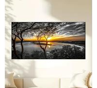 IXEHOH Toile Murale Paysage de Lac au Coucher du Soleil, Arbres Noir et Blanc avec Soleil Doré Décoration Murale, Art Mural Horizontal pour Salon Chambre, Grande Décoration Murale Esthétique 70x150cm
