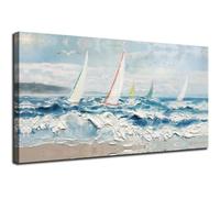 IXEHOH Voilier Tableau Toile Impressionniste Paysage Marin Peintures Décoration Murale Grand Horizontal Bleu et Blanc Scène Côtière pour Salon Chambre Bureau Décoration 40x60