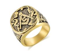 IXMLDAXD l'anneau, Bague chevalière maçonnique, héritage de la franc-maçonnerie, acier titane bicolore or avec volutes tailleur pierre historiques(Gold,O)