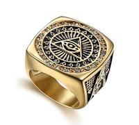 IXMLDAXD l'anneau, Bague maçonnique Œil de la Providence, cristaux étincelants et acier titane doré avec équerre compas - Art occulte for homme(Z+1)