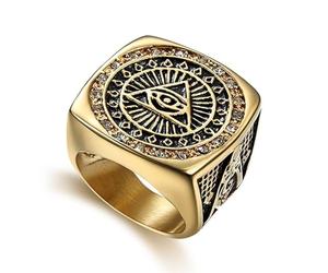 IXMLDAXD l'anneau, Bague maçonnique Œil de la Providence, cristaux étincelants et acier titane doré avec équerre compas - Art occulte for homme(Q)