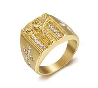 IXMLDAXD l'anneau, Croix carrée représentant Jésus et ovale la Vierge Marie, en acier inoxydable plaqué or avec zircon cubique sur le côté(Jesus,Z+1)