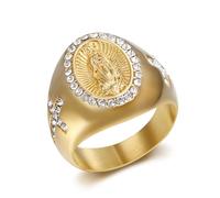 IXMLDAXD l'anneau, Croix carrée représentant Jésus et ovale la Vierge Marie, en acier inoxydable plaqué or avec zircon cubique sur le côté(Mary,Q)