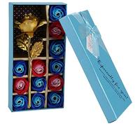 Iyalezirk Cadeau pour Saint Valentin Fleur De Rose Plaquée Or 24 Carats +12Pcs Savon Fleur Romantique pour Amoureux Petite Amie Cadeaux De Noël Bleu
