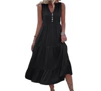 Iyalezirk Robe Décontractée pour Femme, sans Manches, Col en V, Boutonnée, Robe de Plage, Jupe Fluide à Volants Étagés, Robes Mi-Longues Noir M