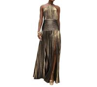 Iyalezirk Robe Longue Plissée Métallisée de Luxe pour Femme, Fendue, Nouée, Dos Nu, sans Manches, Élégante Or Ancien XXL