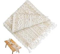 iYinJuan Chemin de Table en Macramé Beige, 24 x 180 cm Élégant Vintage Chemin de Table en Dentelle au Crochet Bohème avec Pompons, Rectangle Nappe Creuse Maille, Ferme Déco de Table pour Mariage