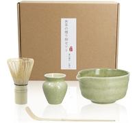 iYInJuan Ensemble de Cérémonie de Thé Matcha Traditionnel, Bol en Céramique avec Bec Verseur, Fouet en Bambou, Cuillère, Service à Thé Japonais 4 Pièces, Vert