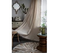 iyoimono Rideaux Vintage Bohème Semi Occultants avec Glands - Lot de 2, 150x160cm (L x H), Beige Blanc - Crochet Coton Lin pour Fenêtre, Chambre, Salon - Voilages Intérieur