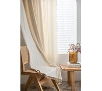 iyoimono Rideaux Vintage Bohème Semi Occultants avec Glands - Lot de 2, 150x180cm (L x H) - Beige Blanc, Crochet Coton Lin - pour Fenêtre, Chambre, Salon
