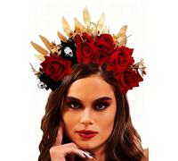 IYOU Bandeau d'Halloween Serre-têtes de fleurs rouge vin Tête de mort Feuille Festival Accessoires de cheveux pour les femmes et les filles