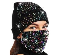 IYOU Bling Tricoté Bonnet Chapeau avec Correspondant à Brillant Paillette Masques Noir Paillette Laineux Chapeau Roche Hip hop l'hiver Doux Chaud Toison Casquette pour Femmes et Filles