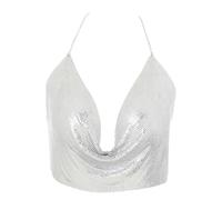 IYOU Briller Métal Chaîne de Corps Paillette Gilet Hauts Courts V Profond Chaîne Licou Dos Nu Débardeur Boîte de Nuit Faire la Fête Corps Harnais Accessoires pour Femme (Argent)