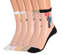 IYOU Chaussettes Transparentes Fines Fleurs Blanc Chaussettes Maille Volants Socquettes Dentelle Été Respirantes pour Femmes(5 Paires)