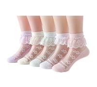 IYOU Filles Princesses Volants Chaussettes Rose à Fleurs en Dentelle Mince pour l'Été (5 Paires)