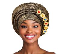 IYOU Foulard Africain pour Femmes Noires Bandeau Turban Cristal Doré Chapeaux Ajustable Vintage Strass