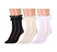 IYOU Princesse Hauteur Genou Chaussettes Blanc Dentelle Froufrous Cheville Chaussettes Fleuri Mignon Cosplay Costume Slouch Volants Chaussettes pour Femmes et Filles (3 Paires),Blanc,Noir,Ivoire