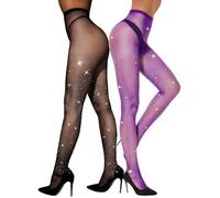 IYOU Scintillant Cristal Résille Bas Le Noir Strass Bling Collants Taille Haute Sexy Fête Boîte de Nuit Collants Collants pour Femmes (Pack de 2, Noir + Violet, Taille Unique