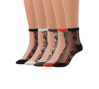 IYOU Vintage Fleur Chaussettes en Maille Noir Broderie Virer Chaussette de Cheville Fête Transparent Verre Soie Chaussettes pour Femmes et Filles (5 Paires) Noir Blanc Gris Rouge Taille Unique