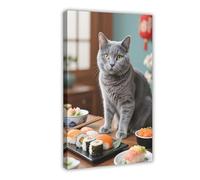 IYTAFGYT Poster sur toile représentant un chat bleu russe faisant des sushis - Décoration de chambre à coucher - 60 x 90 cm