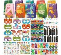 Iyxeo Dino Lot de 158 cadeaux d'anniversaire pour 12 invités | 158 pièces, 10 types pour 12 invités : sacs, lunettes, bracelets, porte-clés, bagues, autocollants, puzzle et tatouages