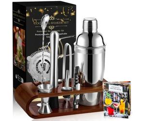 izdeel Kit Cocktail Shaker 10pc Acier Inoxydable avec Support en Bois