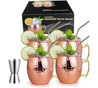 izdeel Verre Moscow Mule Tasses Cuivre Mug 550ml Verres pour Cocktail, Rhum, Boissons Froides, Maison, Bar, Fête, La Saint Valentin, Anniversaire Cadeaux, Ensemble (4 Tasse, 4 Pailles &1 Jigger)