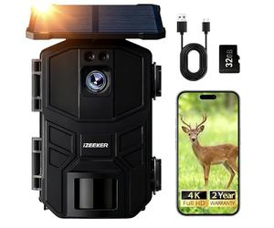 iZEEKER Solaire Caméra de Chasse 4K 64MP WiFi 6 Bluetooth avec 5200mAh Batterie Rechargeable, 0,1s Déclenchement, Camera Chasse Vision Nocturne IR Carte Micro SD 32GB Détection Mouvement, IP66 Étanche