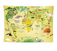 izielad Carte du Monde Tapisserie Tapisserie Animale tenture Murale Dessin animé Monde Animaux Carte de Distribution Couverture Murale pour Enfants Chambre Salon dortoir décor 130X150CM 51X59IN