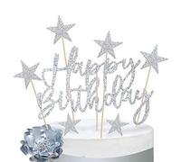 iZoeL 2 Kit Decoration Gateau Anniversaire Argent Fille, Décoration Ballon Gateau Femme Argent, Decor Gateau Happy Birthday Coeurs Étoiles pour Fête Anniversaire Homme Garçon