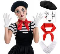 iZoeL Costume de carnaval pantomime pour homme et femme - Béret noir - Foulards rouges - Gants blancs - Tatouage pour le visage - Costume de carnaval - Fête à thème