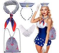 iZoeL Costume de carnaval pour femme - Serre-tête de marin avec bonnet - Écharpe de marin - Gants blancs - Rayures bleues - Sac - Accessoire de costume de carnaval pour femme et fille - Costume de
