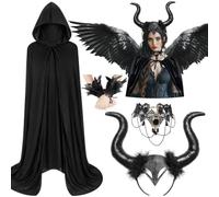 iZoeL Costume de diable pour femme, costume d'Halloween avec cape cornes de | Cape de sorcière diable/méchante avec capuche, cornes de diable, serre-tête, chaîne de hauteur, costume de vampire pour femme