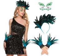 iZoeL Costume de plume pour femme et fille, serre-tête à plumes, gothique, gants, tatouage, carnaval, costume de malefiecent, costume d'oiseau, costume de carnaval, fête à thème, vert noir