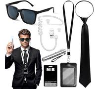 iZoeL Costume MIB Agent Accessoires Femme Homme Deguisement Services Secrets, Costume Carnaval/Halloween/Fête Femme Homme - Lunettes Fausse Oreillette Cravate Badge d'identification Porte-cartes