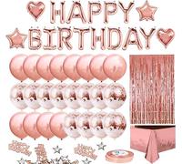 iZoeL Decoration Anniversaire Rose Or Ballons Anniversaire Guirlande Nappe | Rose Gold, Ballons Guirlande Happy Birthday Nappe Rideau Franges, Confettis Étoiles, Cœurs, Decoration Anniversaire Femme