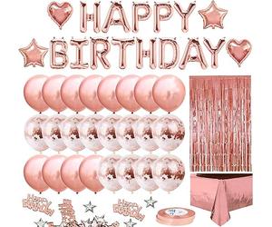 iZoeL Decoration Anniversaire Rose Or Ballons Anniversaire Guirlande Nappe | Rose Gold, Ballons Guirlande Happy Birthday Nappe Rideau Franges, Confettis Étoiles, Cœurs, Decoration Anniversaire Femme