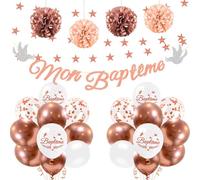 iZoeL Decoration Bapteme Fille Rose Gold, Mon Baptême Ballon Confettis, Guirlande Étoile 4 m, Pompom Papier Soie - Decoration Baby Shower/Communion