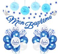 iZoeL Décoration Baptême Garçon Bleu Mon Baptême Ballon Confettis Fille Baby Shower Guirlande Étoile 4 m Pompom Papier de Soie Communion