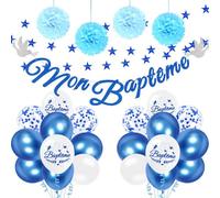 iZoeL Decoration Bapteme Garçon Bleu, Mon Baptême Ballon Confettis, Guirlande Étoile 4 m, Pompom Papier Soie - Decoration Baby Shower/Communion