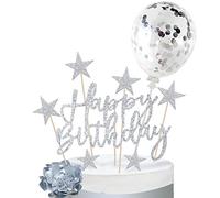 iZoeL Decoration Gateau Anniversaire Homme Argent, Déco Gateau Ballon Femme Or, Déco Gateau Happy Birthday Coeurs Étoiles pour Fête Anniversaire Fille Garcon