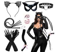 iZoeL Déguisement Chat Noir Costume Chat Femme Deguisement Halloween/Carnaval Costume Halloween/Carnaval/Cosplay - Bandeau Masque Collier Queue Gants Fouet Tatouage