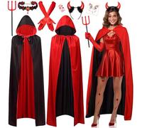 iZoeL Deguisement Diable Cosplay Diable Déguisement Carnaval/Halloween/Maquillage Femme Costume Carnaval/Halloween/Maquillage Femme Homme, Cape Réversible Cornes Collier Fourche Tatouage