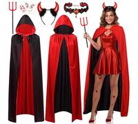 iZoeL Deguisement Diable Cosplay Diable Déguisement Halloween/Maquillage/Carnaval Femme Costume Carnaval/Halloween/Maquillage Femme Homme, Cape Réversible Cornes Collier Fourche Tatouage
