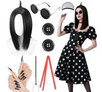 iZoeL Deguisement Halloween Femme Costume Maman Perruque Femme - Perruque Lunettes Noires Bouton Ruban Rouge Ongles Fil Aiguille