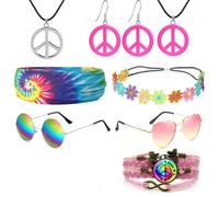 iZoeL Deguisement Hippie Annees 80 Annees 70 Deguisement Halloween/Carnaval/Disco/Cosplay Femme Homme Accessoires Hippie Costume, Lunettes Collier Bijoux Couvre-chef