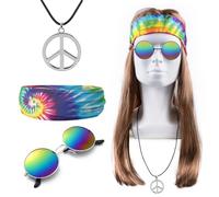 iZoeL Deguisement Hippie Deguisement Annees 80/Annees 70/Annees 60 Perruque Hippie Homme Costume Disco/Halloween/Carnaval Femme, Hippie Perruque Lunettes Collier Couvre-chef